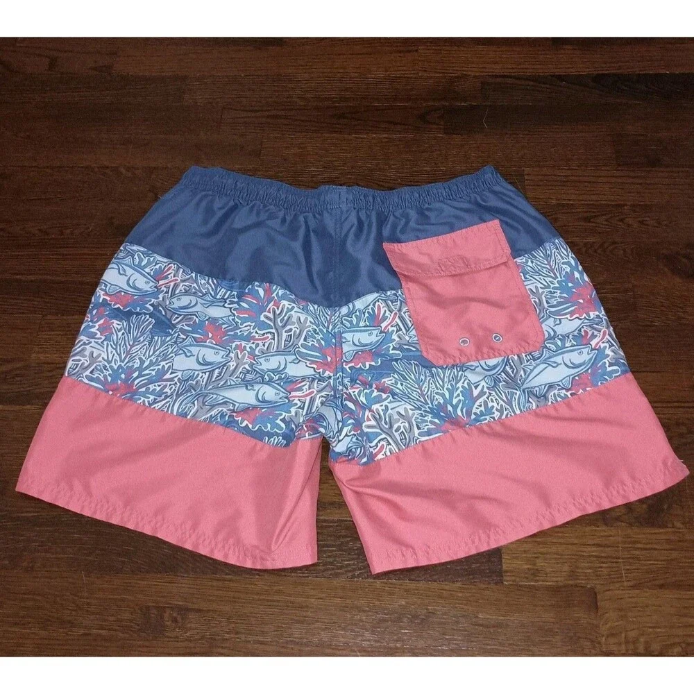 Vineyard Vines Swim Trunks Mens Large Fish Coral Pattern Blue Pink Striped Lined